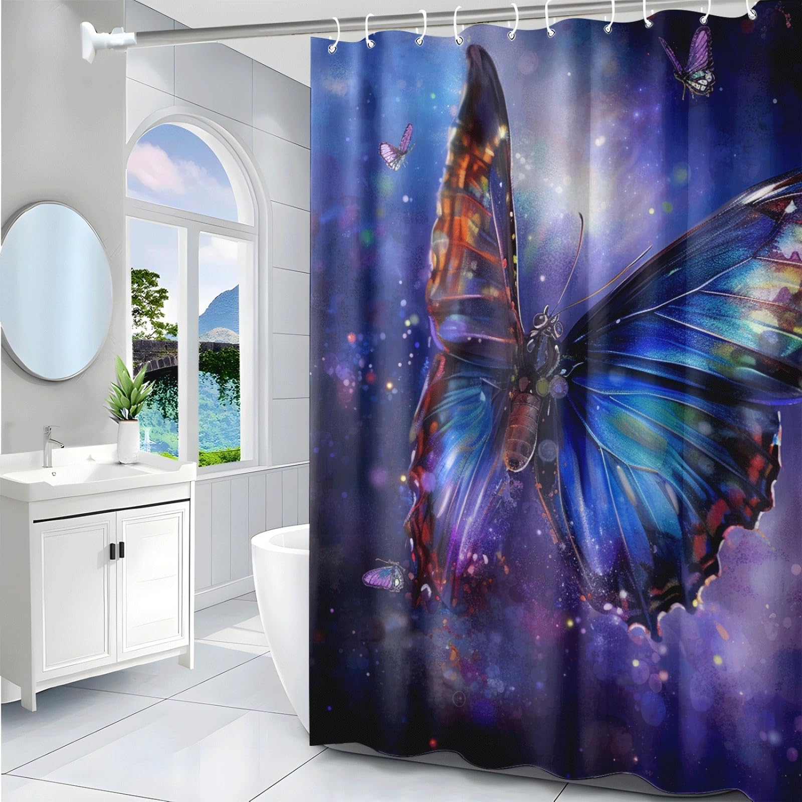 Tenda Doccia Farfalla Viola Tenda Doccia Antimuffa Impermeabile Poliestere Lavabile con 12 Ganci Facile da Installare Tende Finestra Bagno per Dormitorio Hotel (180x220cm)