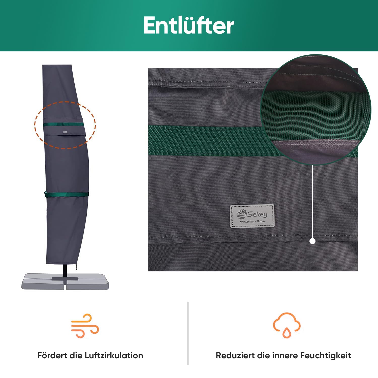 Sekey Ampelschirm Schutzhülle mit Stab, Abdeckhauben für Gartenschirm mit Belüftungsöffnungen, Abdeckung für Kurbelschirm / Balkonschirm, 100% Polyester, wasserdicht, Dunkelgrau.
