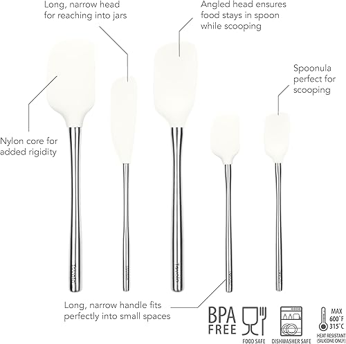 Miniatura 2 de Tovolo Juego de 5 espátulas de acero inoxidable y silicona (blanco) raspador de tarros y mini cuchara