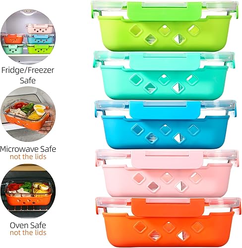 Miniatura 5 de Paquete de 5 recipientes de vidrio para preparación de comidas, 3 compartimentos con tapas, recipientes de almacenamiento de vidrio divididos con