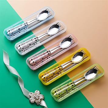 Cute Colorful Silverware Set, Milk Cow Series Ceramic Handle Dinnerware Set Flatware Kitchen Accessories Camping Travel Sets Fork Spoon Chopstick Portable Silverware Set with Case (Color : B