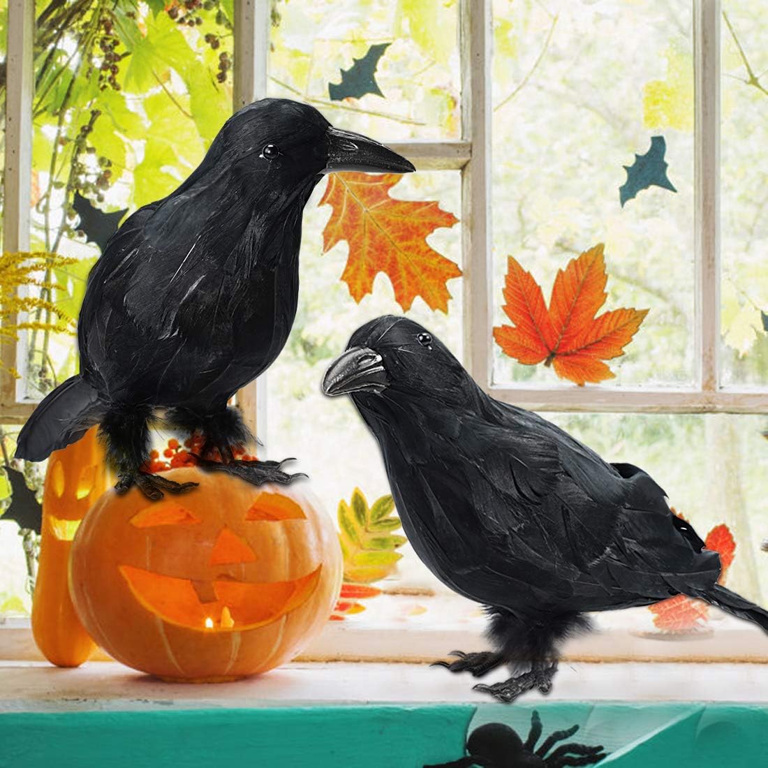 GABOSS Halloween Decorations Realistic 2 PCS Birds Black Feathered Crows - Halloween Ravens Prop Décor,Outdoor Indoor Party Decoration