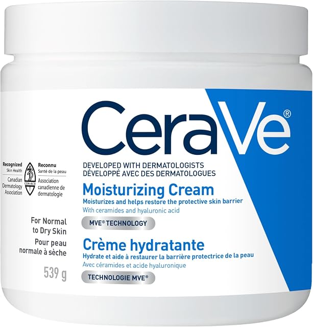CeraVe Moisturizing Crème, visage quotidien, mains, & Hydratant pour crème corporelle pour peau sèche avec acide hyaluronique et céramides pour les femmes et les hommes. Peau sensible, sans huile, non comédogène, sans parfum, 539 Grams