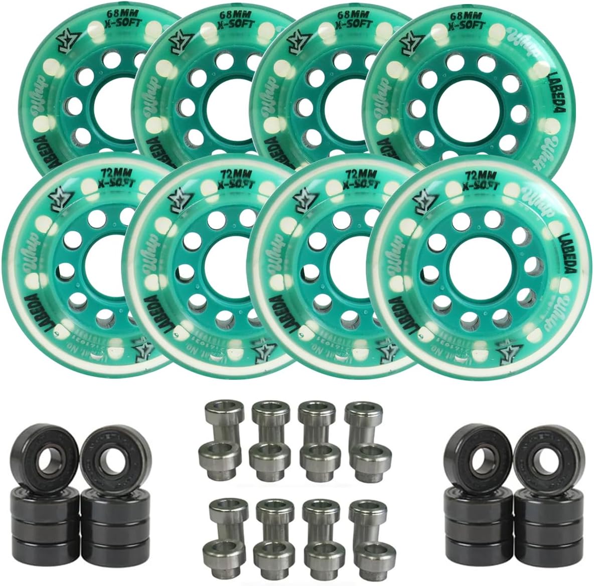Labeda Whips Roller Hockey Wheels - Pink 8-Pack - X-Soft - Choose Size Size - Includes Evo Spacers and Amp Hybrid Ceramic Bearings