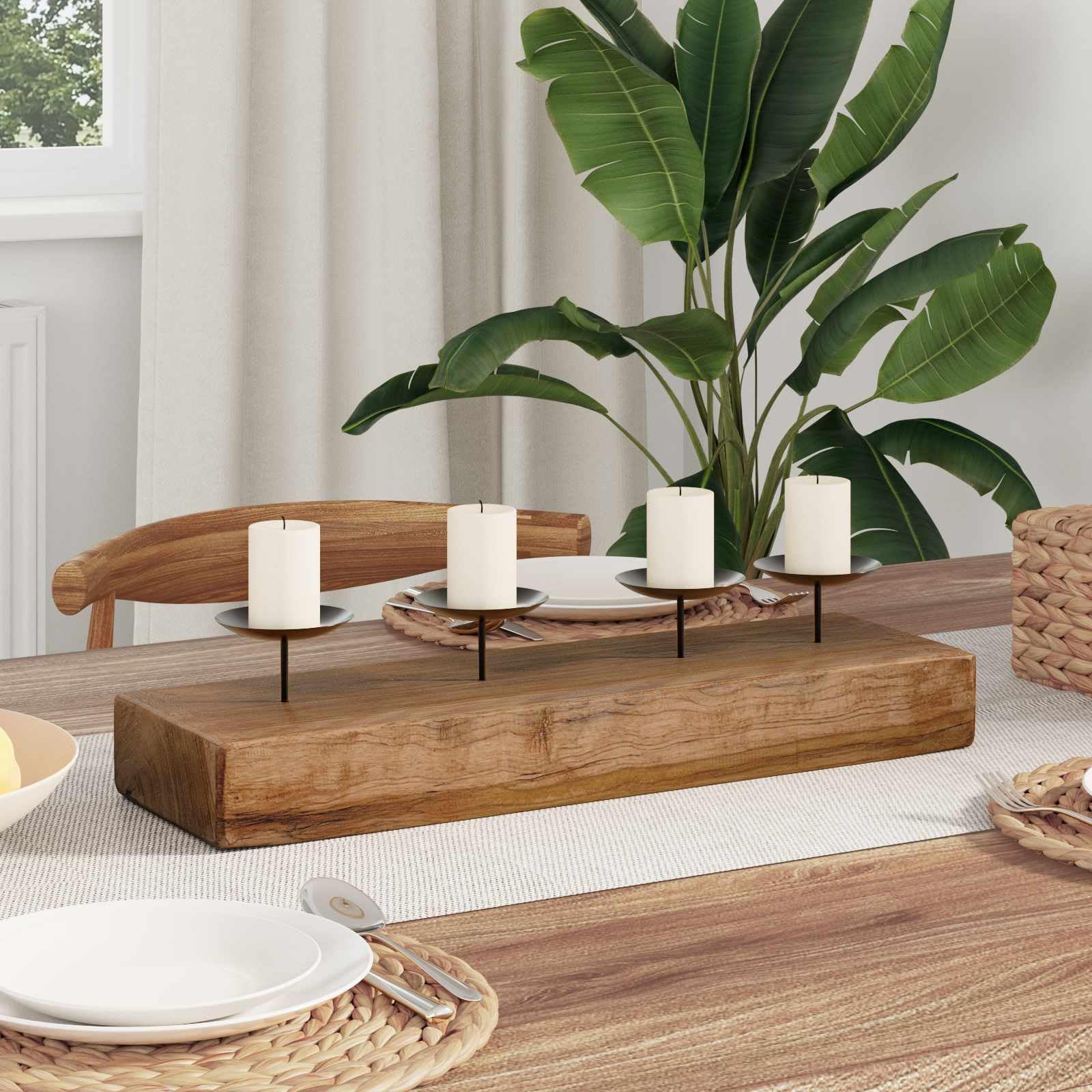Portacandele in legno di teak massiccio, decorazione da tavolo rustica, per soggiorno, 50 x 15 x 10 cm