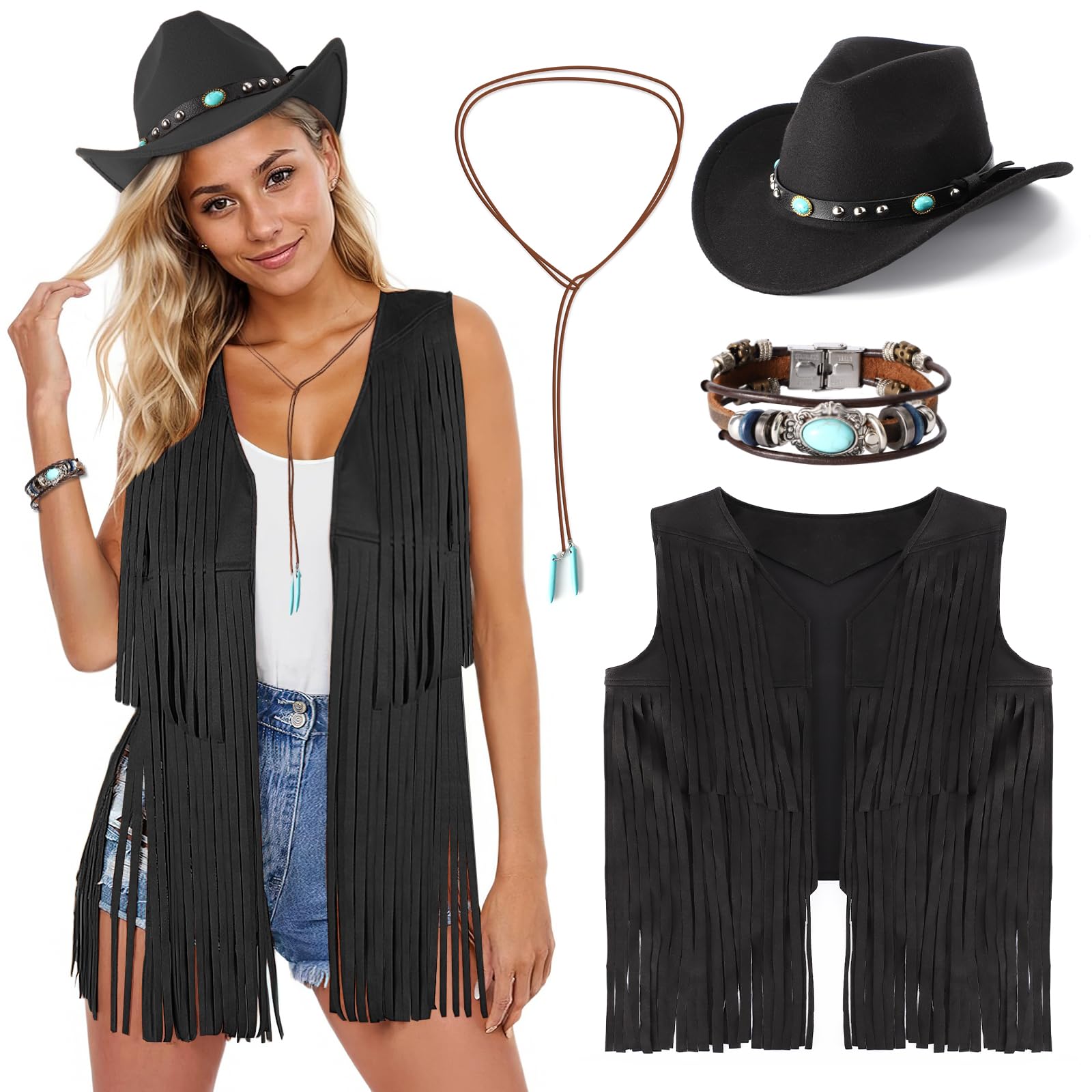 PARTTELY Western Outfits for Women Cowgirl Outfits Cowgirl Vest Boho Cowboy Hat Fringe Vest for Halloween Cosplay