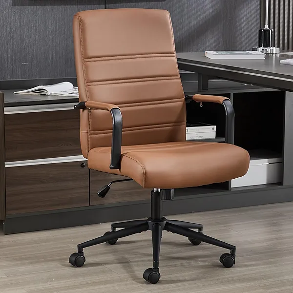 Office Desk Chair Leather, Conference Room Chairs with Wheels, Modern Executive Office Chairs Adjustable Height, Ergonomic Swivel Rolling Ribbed Computer Chair (Brown&Black)