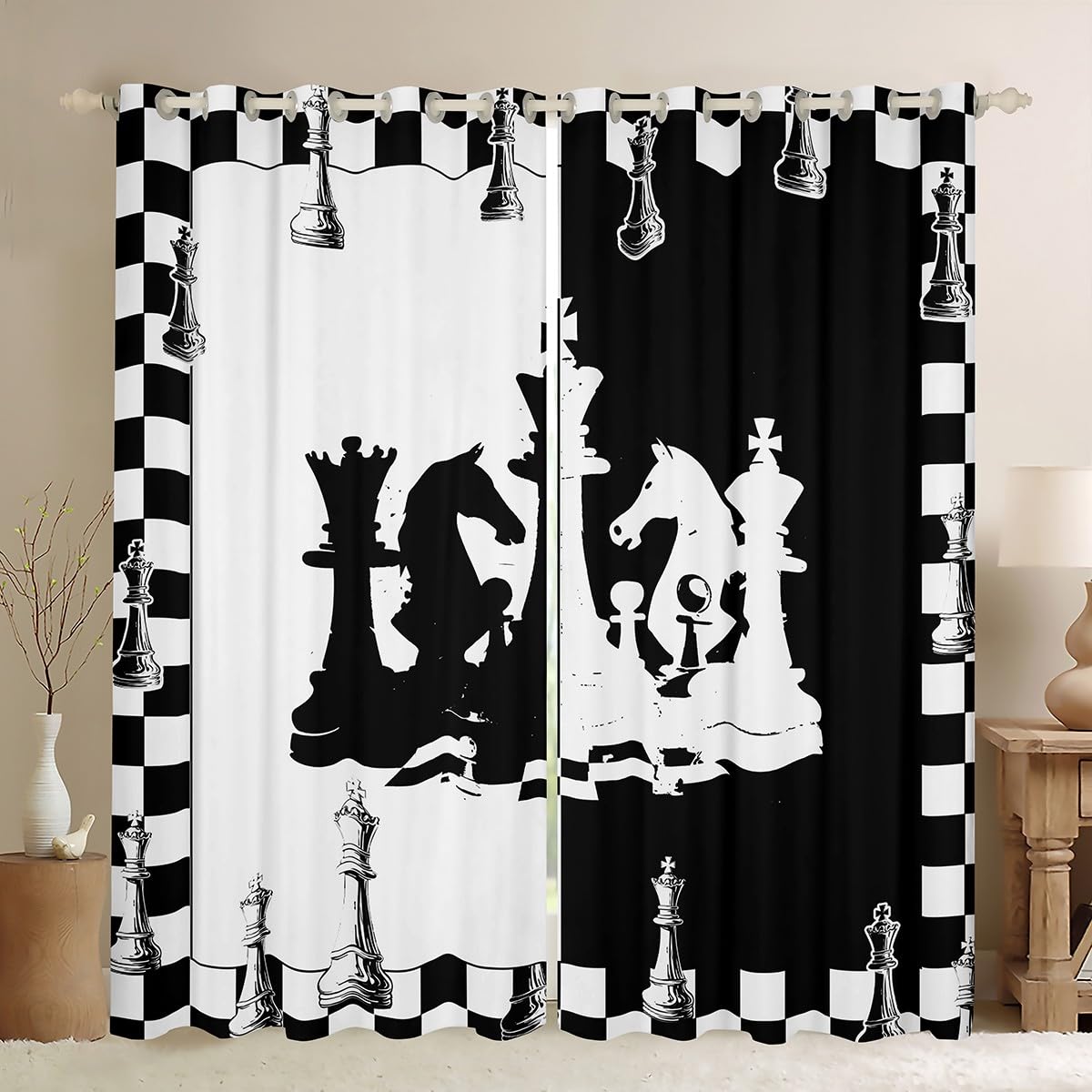 feelingyou International Chess Kids Curtains for Windows,Chess Games Curtains for Living Room,Black and White Grid Blackout Drapes 2 Panel Sets,46x54L