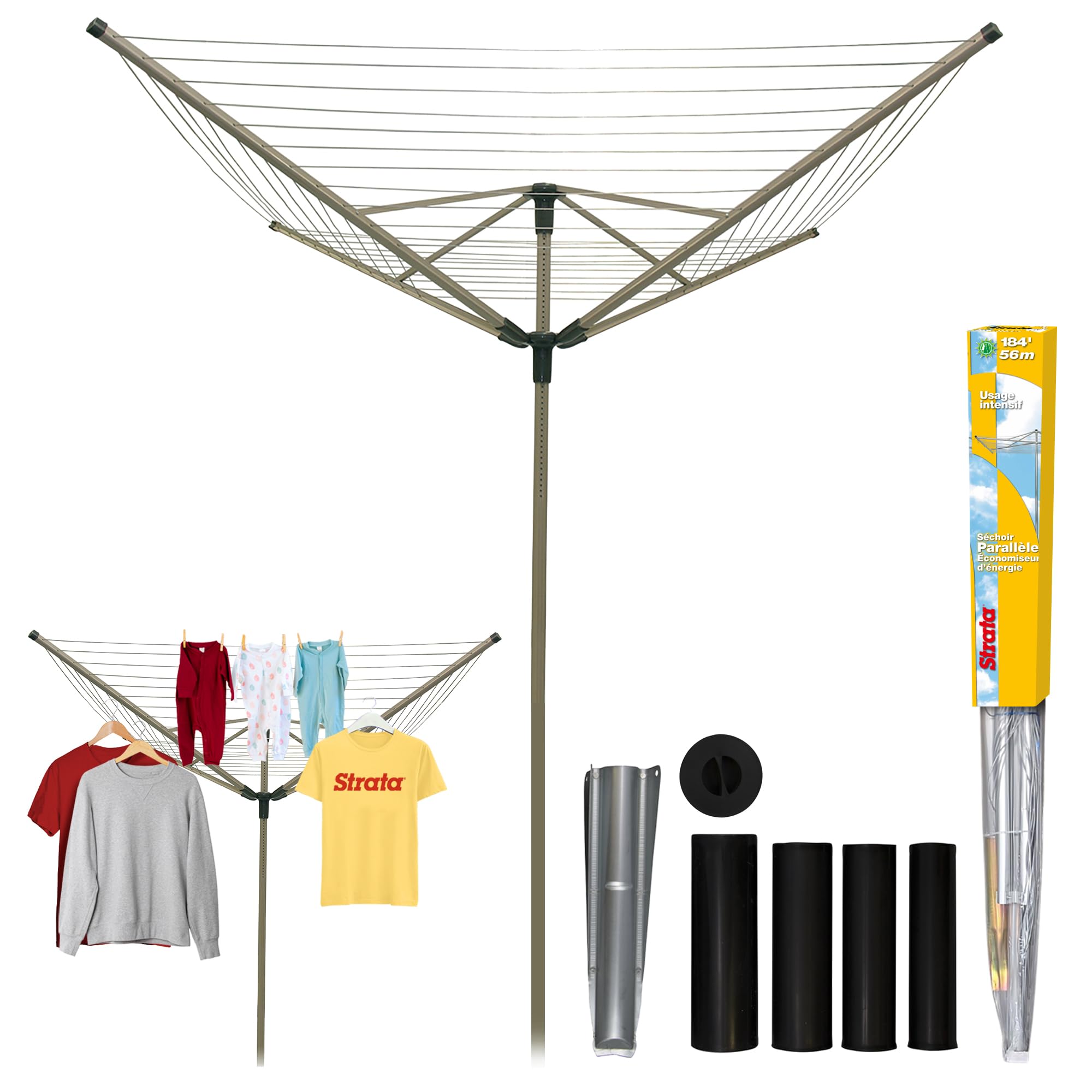 Strata 184 FT Umbrella Clothesline Outdoor - Clothes Line Outdoors Heavy Duty Parallel Silver Aluminum Frame with Ground Spike & Socket - Clotheslines for Outside Laundry Drying, Washing Line