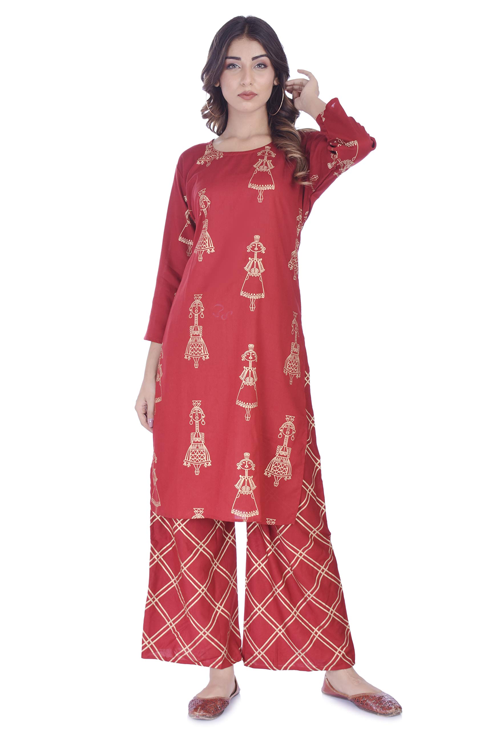 ZYLA Maroon Color Rayon Printed Kurta & Plazo Set For Women(Sizes S,M,L,Xl,XXl)