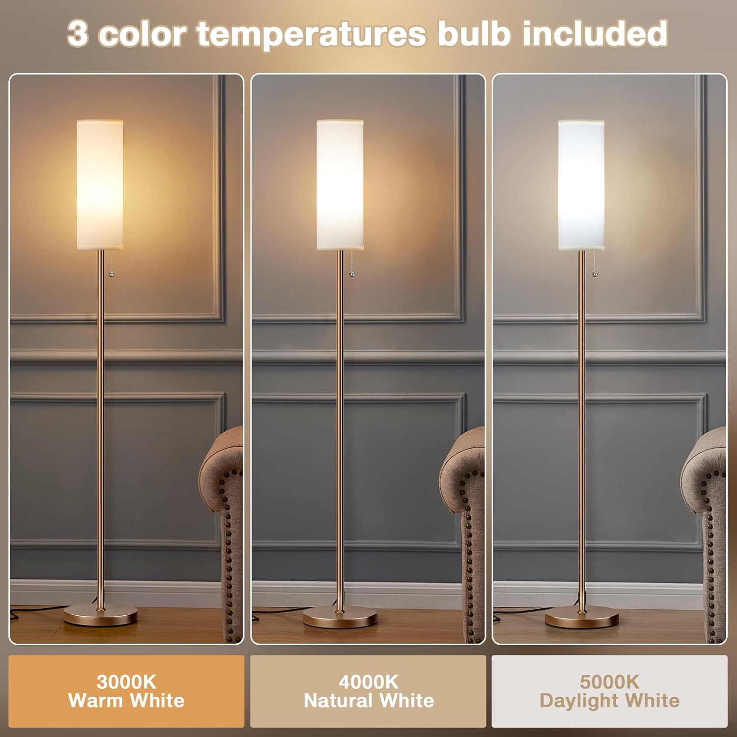 Ambimall Floor Lamp with 3 Color Temperatures Bulb, 64" Standing lamp with Linen lampshade for Bedroom, Minimalist Pole Lamp, White Shade & Brown Pole