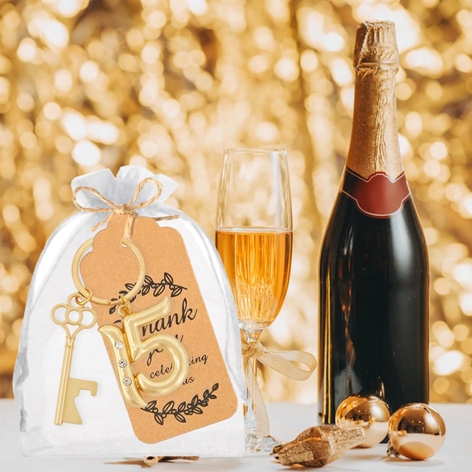 POYHKFD 36 portachiavi apribottiglie, bomboniere, apribottiglie, regalo per feste, a forma di numero 15, portachiavi con logo e scritta in inglese "Escort", nastro per feste e matrimoni (#2)