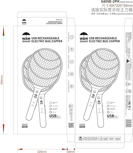 Miniatura 8 de WBM - Exterminador de insectos inteligente, raqueta eléctrica recargable, grande, 2 unidades