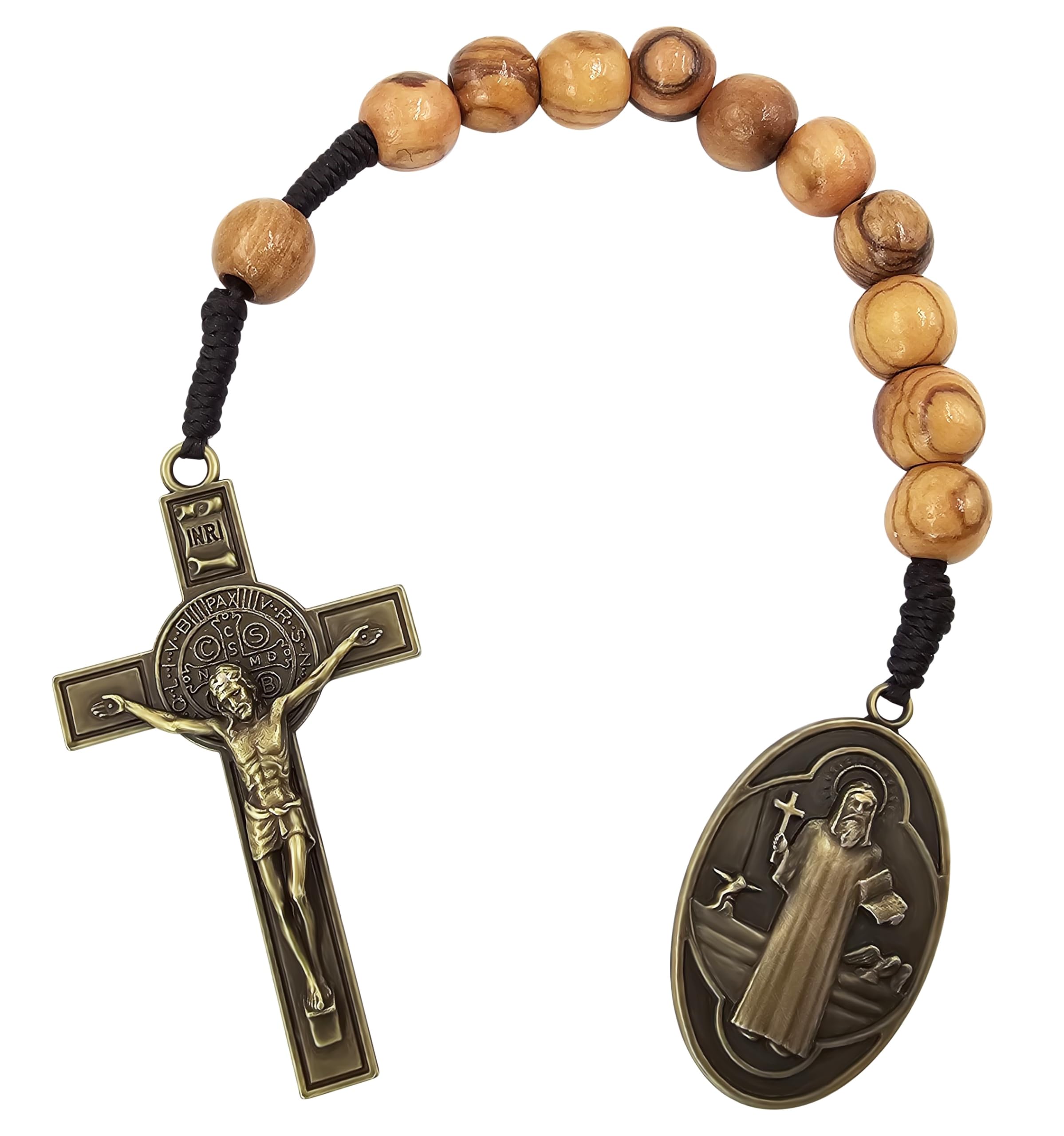 Talisman4u Men's Brown Bronze Saint Benedict Medal One Decade Pocket Rosary St Benedict Crucifix Cross 10Mm Olive Wood Prayer Beads Open Style Wooden Tenner Rosaries Handmade Catholic Gift Linen Rosary Pouch & Prayer Card,