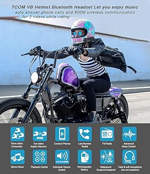 FreedConn Motorcycle Bluetooth Headset, TCOM VB 2-Way 800M Helmet Communication Systems,Motorbike Bluetooth Intercom, intercomunicador para motos/FM/BT5.0/Siri/2 in 1 Mic for full/3/4 Helmet(2Pack)