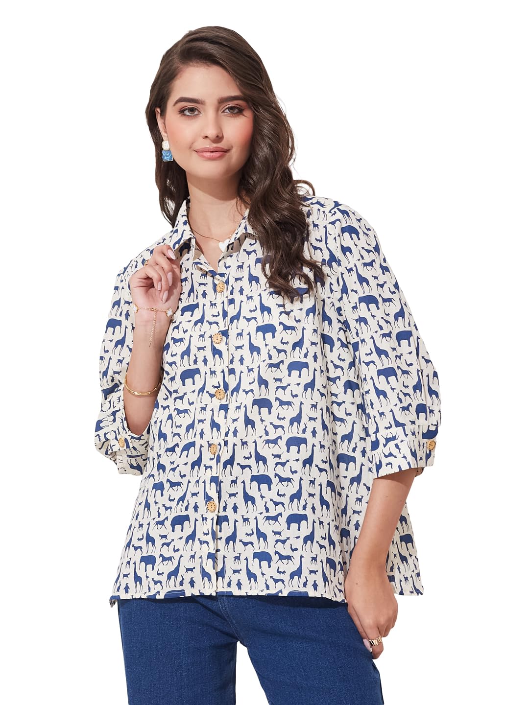 Women’s Cotton Printed Casual Shirt | Animal Pattern Design | Regular Fit Collared Neck | 3/4 Sleeve Button Down-image-28