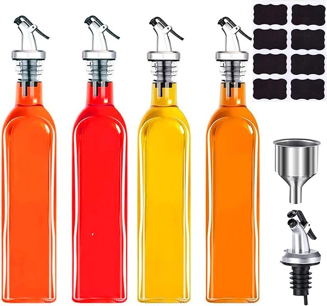LANYOTA Oil Dispenser, 4 Pack of 500ml Glass Olive Oil Bottles, Oil and Vinegar Bottle Drizzler Set Funnel and Labels for Cooking Kitchen