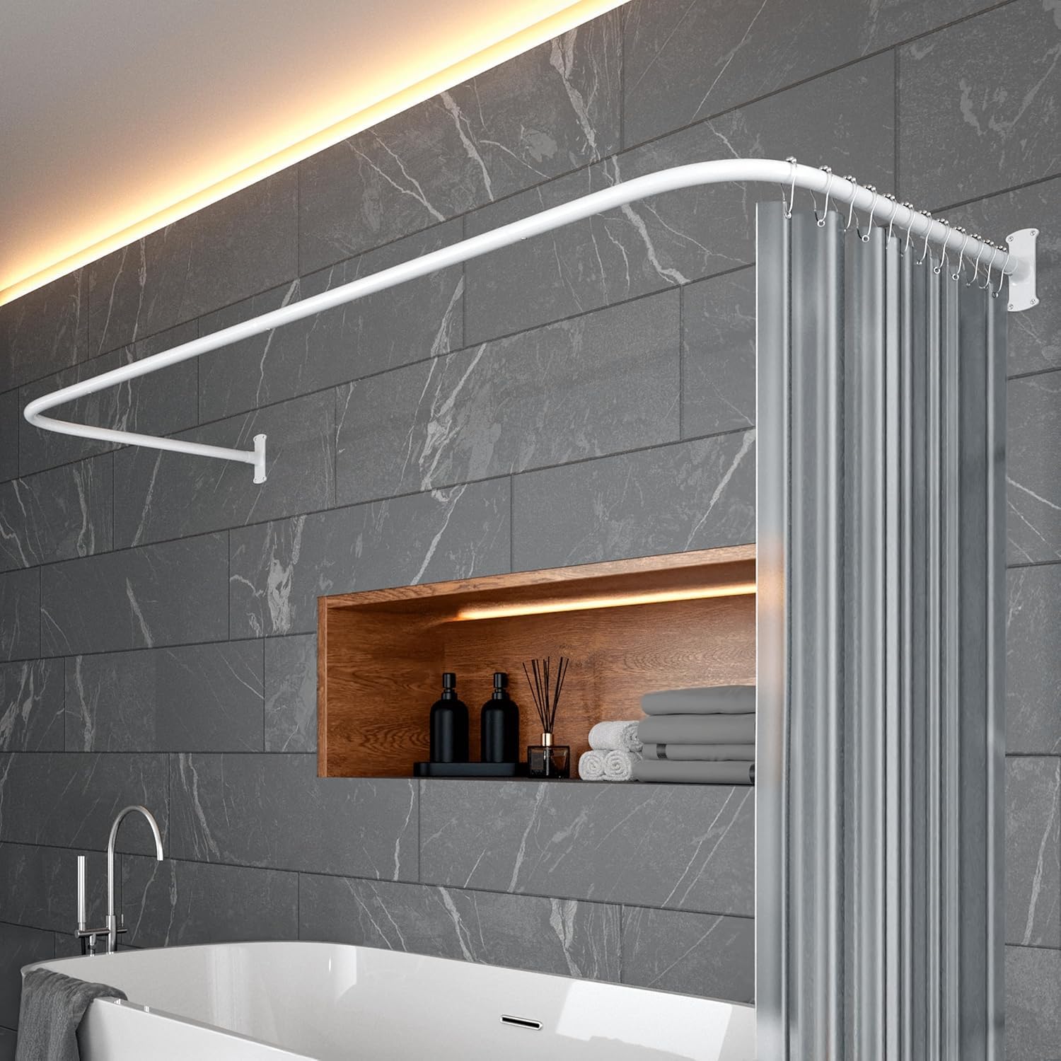 Duschvorhangstange L Form & Duschstange U Form 6 in 1 System inkl. 12 Ringe - Stabile Winkelstange Duschvorhang ohne Deckenhalterung - Duschstange Ecke Rostfrei - Duschvorhangstange Badewanne & Dusche