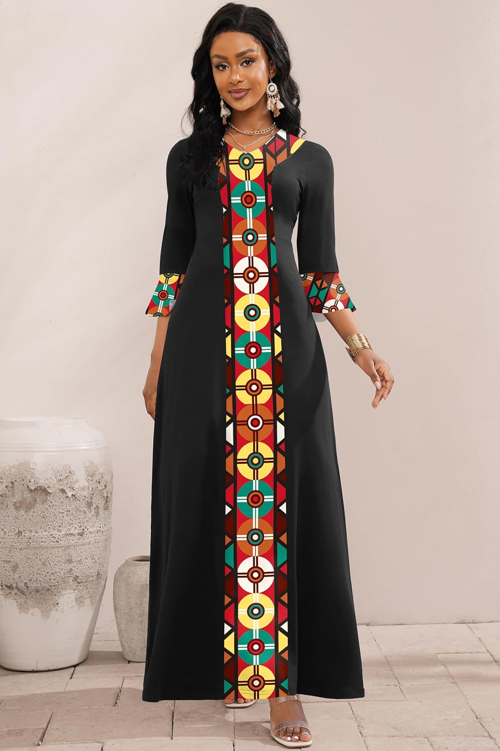 FANDEE Elegant Maxi Long V-Neck Casual Dress for Women, Bell Sleeve African Print Dresses for Cocktail Party（M-3XL） - Image 3