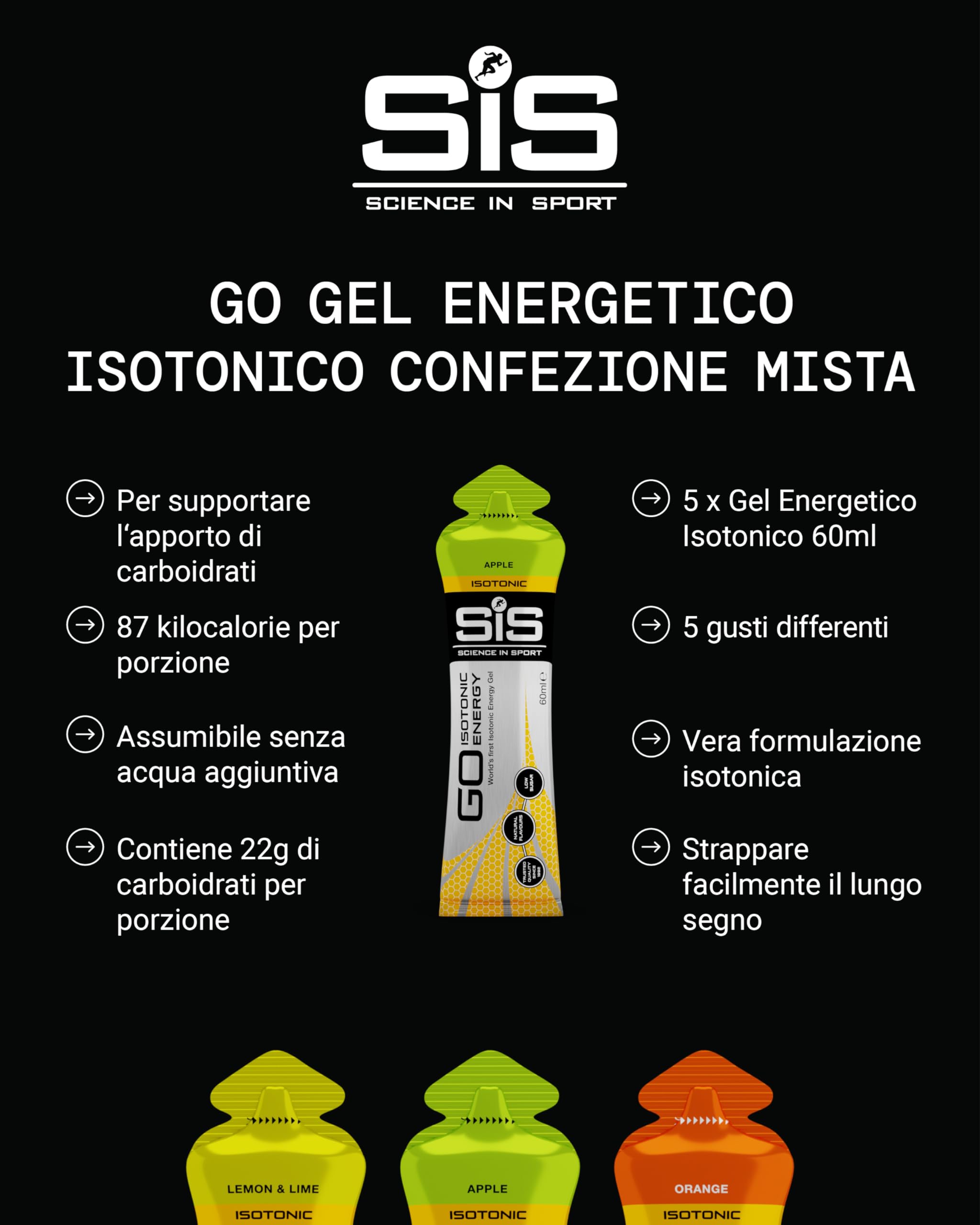 Science in Sport GO Energy Gel 5 x 60ml Vegano - Gel energetico isotonico con 22g di carboidrati, Ottimo fornitore di energia, Alternativa ottimale alle bevande isotoniche