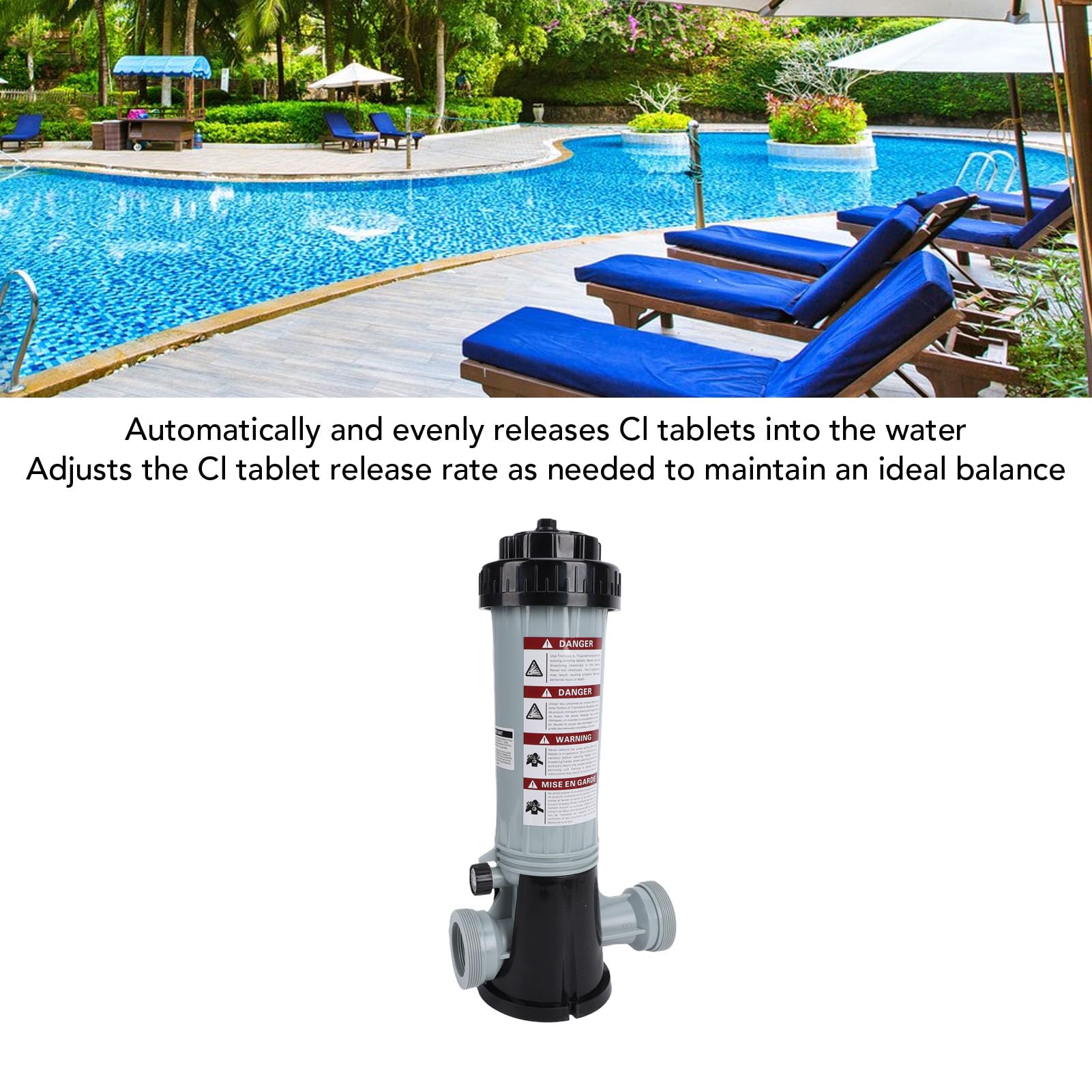 Clorinatore Automatico in Linea per Piscine, dosatore di Cloro per Piscine, Dispenser di Cloro in plastica con Portata Regolabile per Interne ed Esterne.