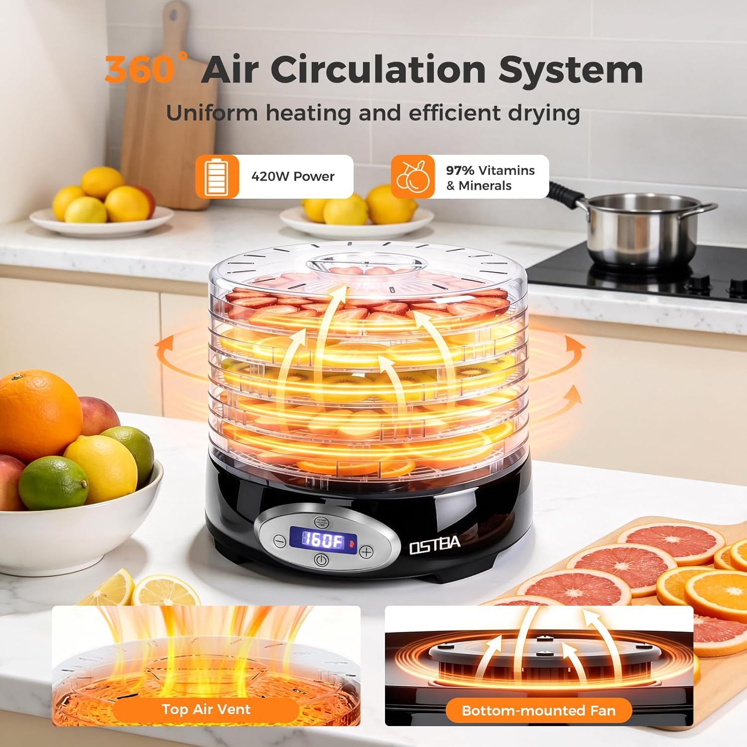 OSTBA Food Dehydrator, 5 BPA-Free 12.2" Trays, Adjustable Temp 95–160℉, 48H Timer, 420W Food Dryer for Fruits, Veggies, Jerky, Herbs, Home Use, BPA-Free