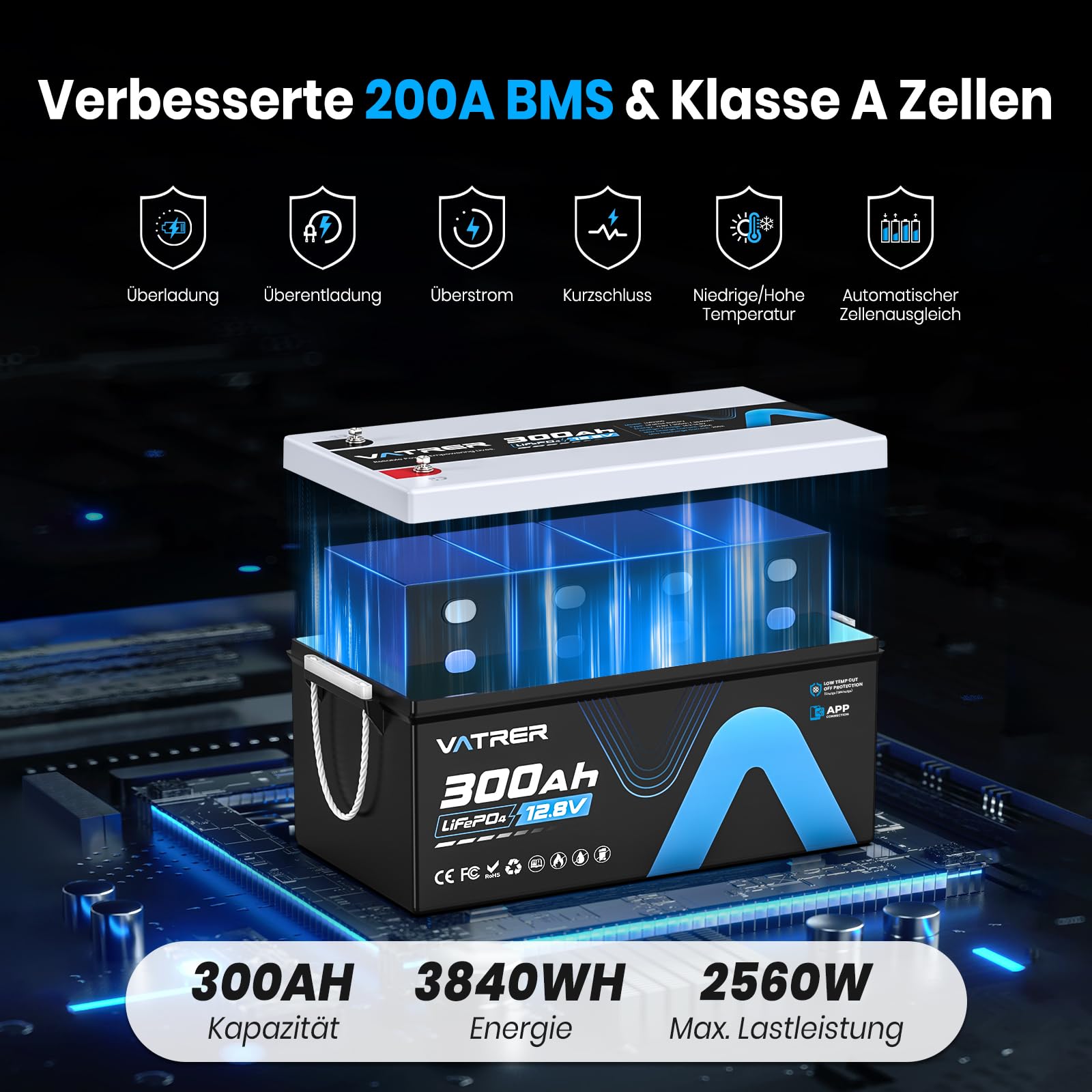 VATRER POWER LiFePO4 12V 300AH Bluetooth Lithium Batterie mit 200A BMS 5000 Zyklen Lithium Akku 3840W Abschaltschutz bei Niedriger Temperatur Perfekter für Wohnmobil, Solar & Off-Grid-Anwendungen
