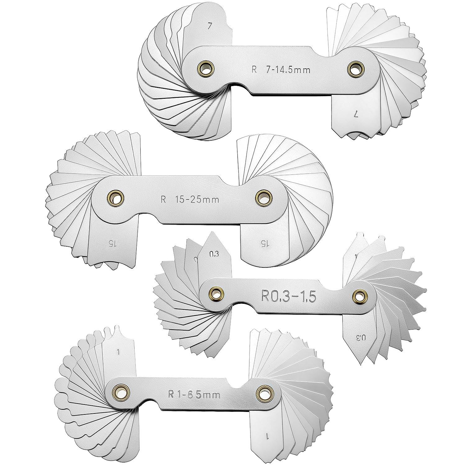 QWORK 4-Pack Precision Radius Gauge Set - Stainless Steel, 0.3-25mm for Convex & Concave Surfaces, Machinist Measuring Tool