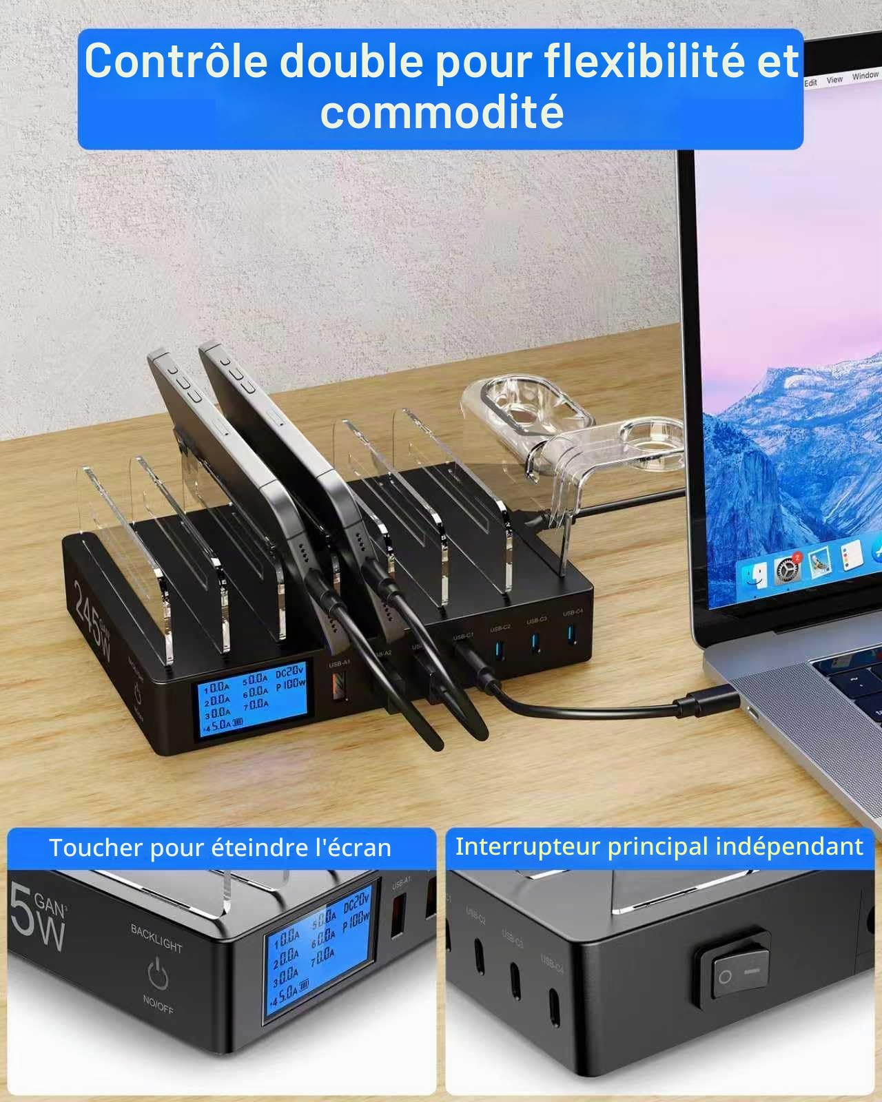 Station de Charge USB pour Plusieurs appareils, 7-Port USB Multi Charge 245W avec 7 Câbles, Station Chargement avec écran LCD, Compatible avec Téléphones, Tablettes et Autres Appareils - Noir
