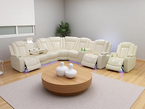 Miniatura 12 de Sofá reclinable de cuero transpirable con luz LED, sofá modular eléctrico con consola de almacenamiento, soporte para tazas para cine en casa, sala