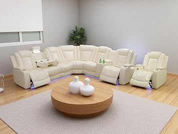 Reclining Breathing Leather Sofa Set with Modern Armchair,Living Room Furniture Set with LED Light/Cup Holder/Storage Console for Home Theater/Living Room
