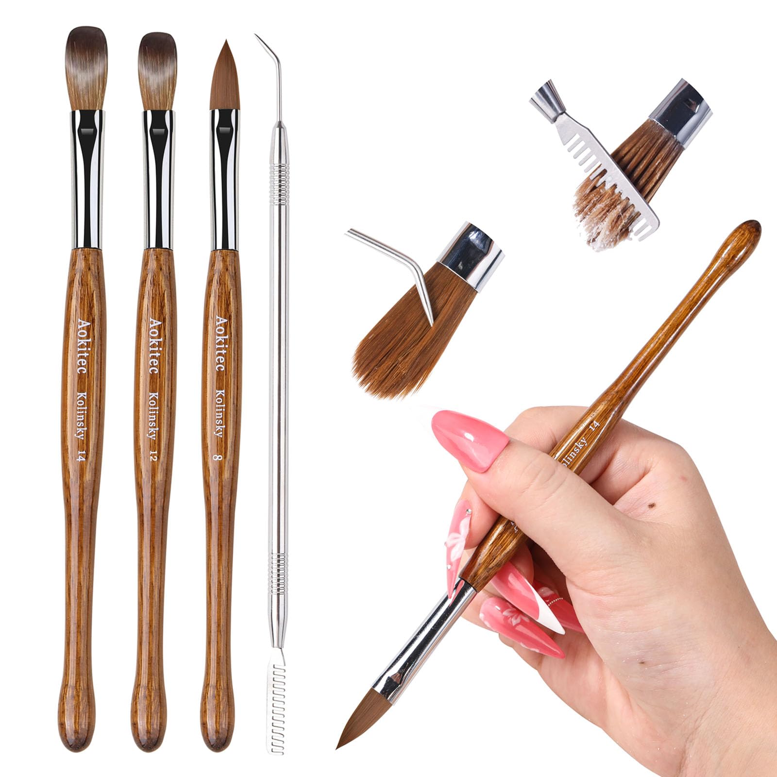 Aokitec Kolinsky Cepillo de uñas acrílico con limpiador de cepillos de metal - tamaño 8/12/14 cepillos de uñas para polvo acrílico, mango de madera cepillos acrílicos para uñas, extensión de uñas