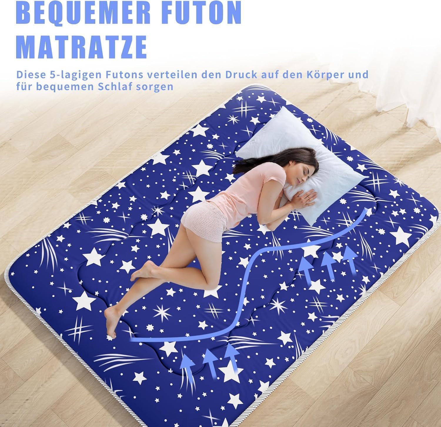 Kiseely Japanische Futon-Matratze, Faltbare Tatami-Matte, tragbare Schlafunterlage mit Tasche und Gurt, Bodenmatratze, verdickte Schlafmatratze, Camping-Matratze (Blau Yu1, 150X200cm)