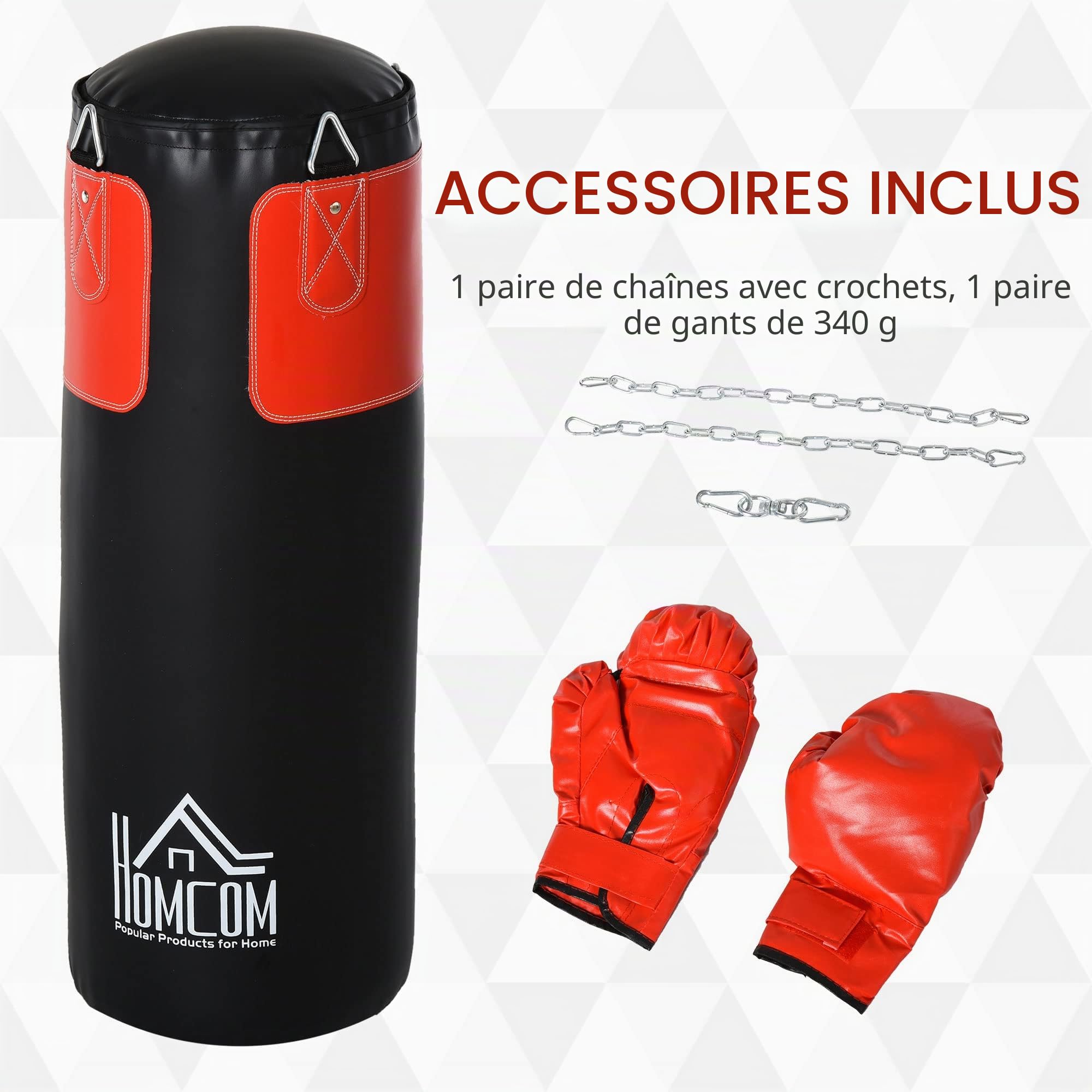 HOMCOM Ensemble sac de frappe Ensemble de boxe avec gants de boxe Rempli Ensemble pour adultes adolescents Hanging Boxing Heavy Bag 16 KG Ø30 x 120 cm Noir+Rouge