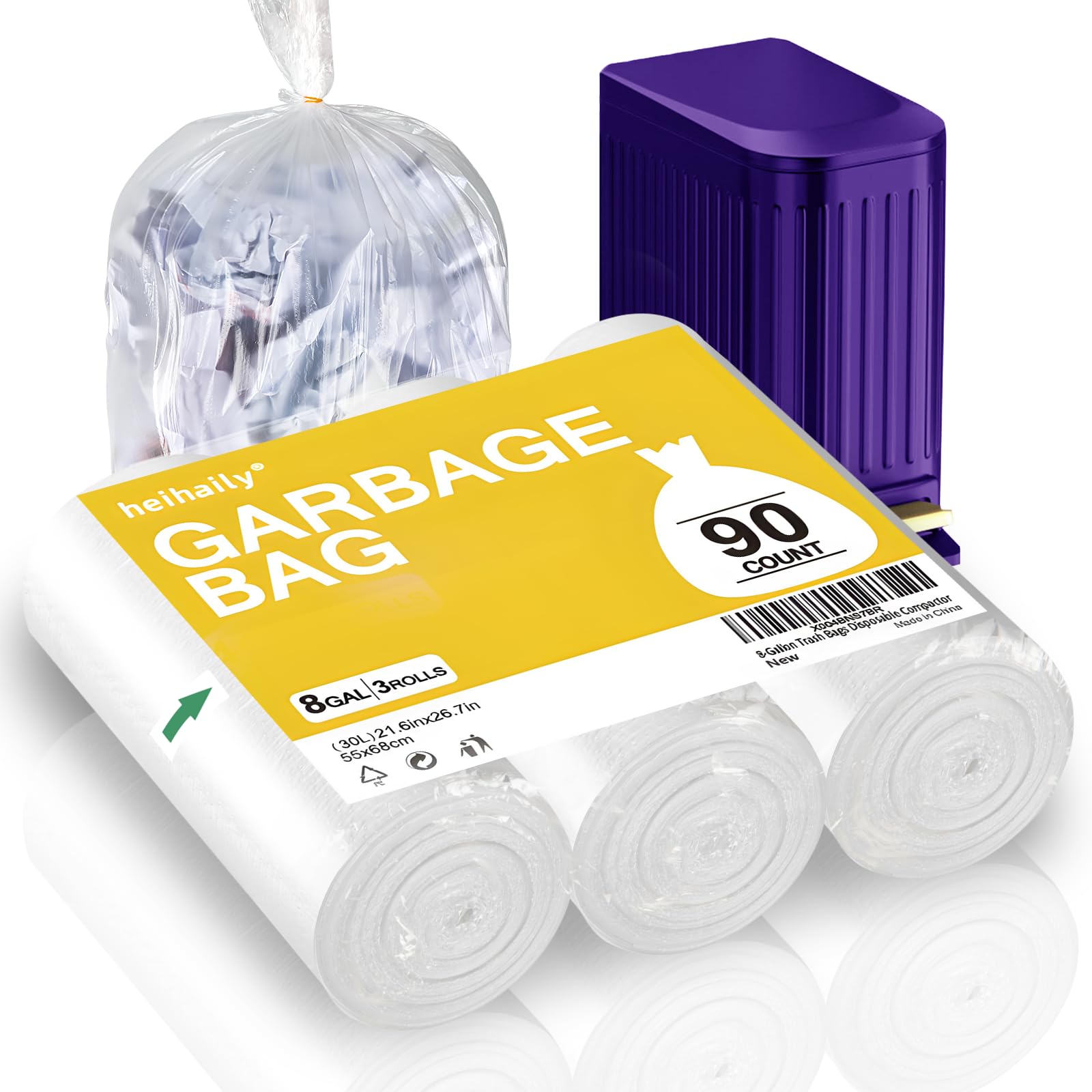 8-Gallon Trash Bags Bathroom Trash-Bags - Medium Unscented Clear White 90 Counts Strong Plastic Recyclable Liners Thick Bulk for Kitchen Office Waste