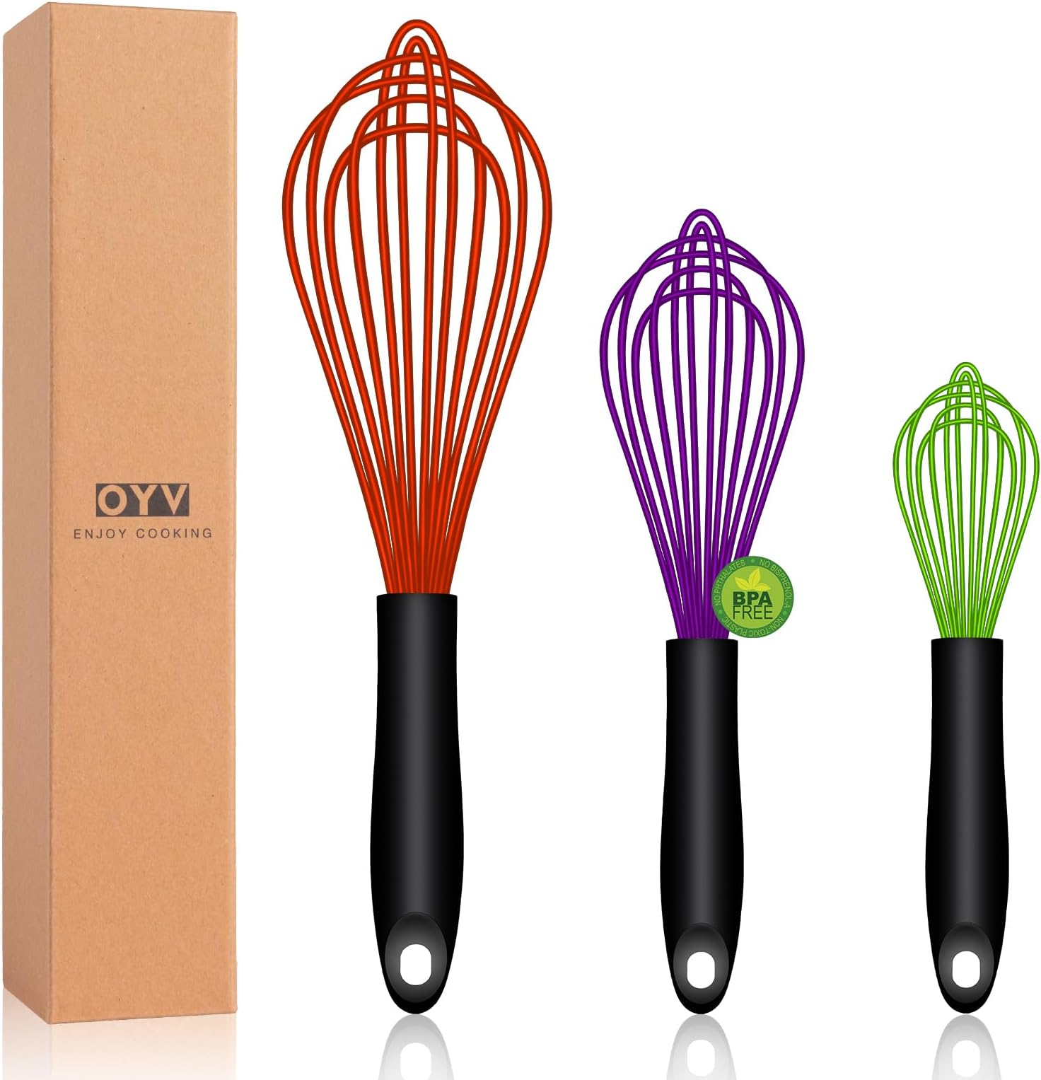 Dishwasher Safe Multicolor Silicone Whisk, Sealed Waterproof Design Set of 3, Professional Kitchen Whisks for Cooking Non-Scratch, Silicone & Stainless Steel Whisk, Heat Resistant Egg Beater