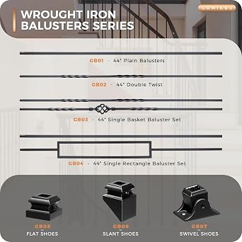 24 Pack Wrought Iron Baluster Shoes Flat Shoes Come with Screws Work with 1/2 Inch Square Balusters Metal Staircase Balusters Level Application Satin Black, GRMIKBU GB05