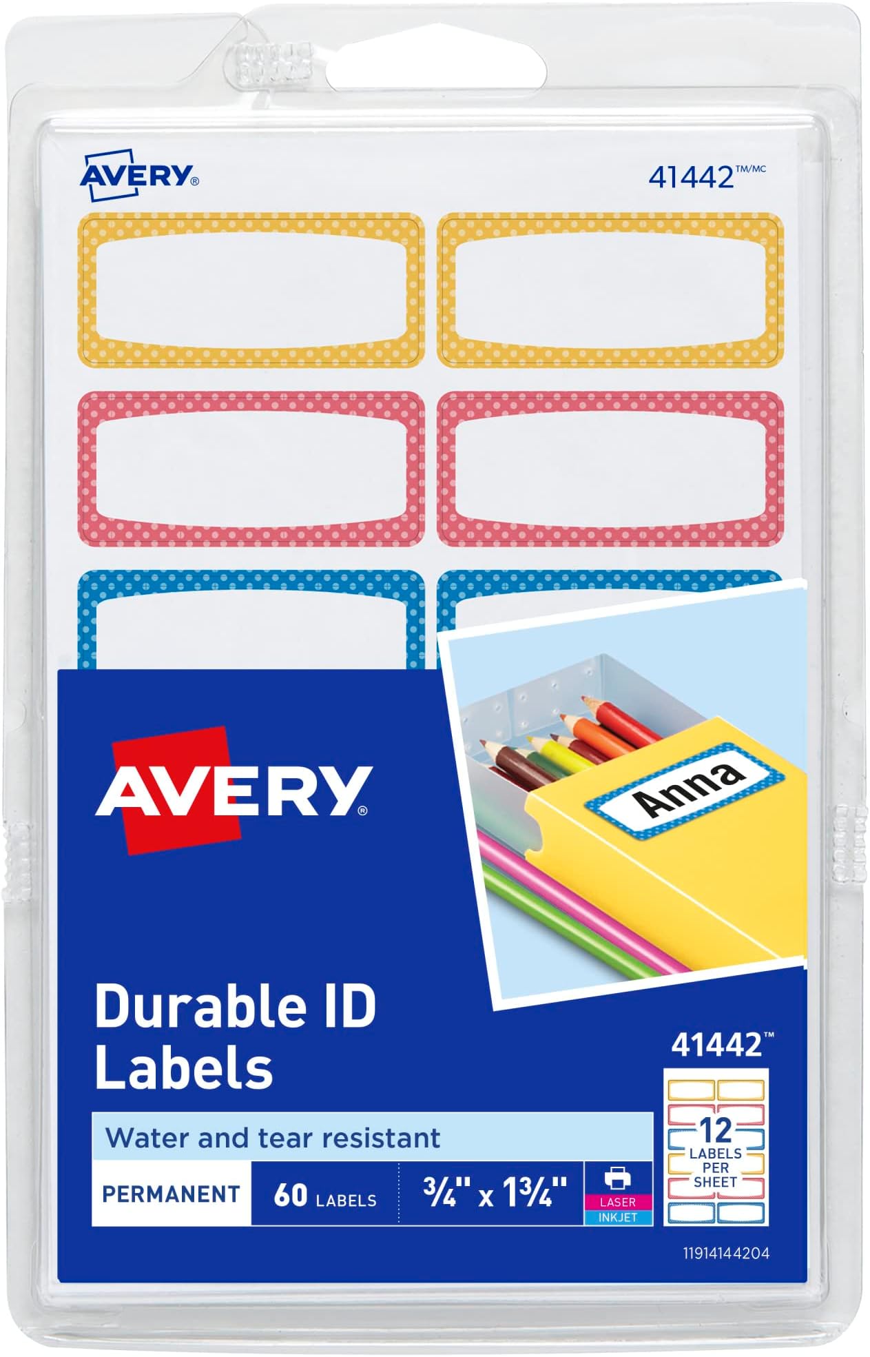 Avery Durable Labels for Kids' Gear, 3/4" x 1-3/4", Assorted Border Colors, Water-Resistant Labels, 60 Total (41442)