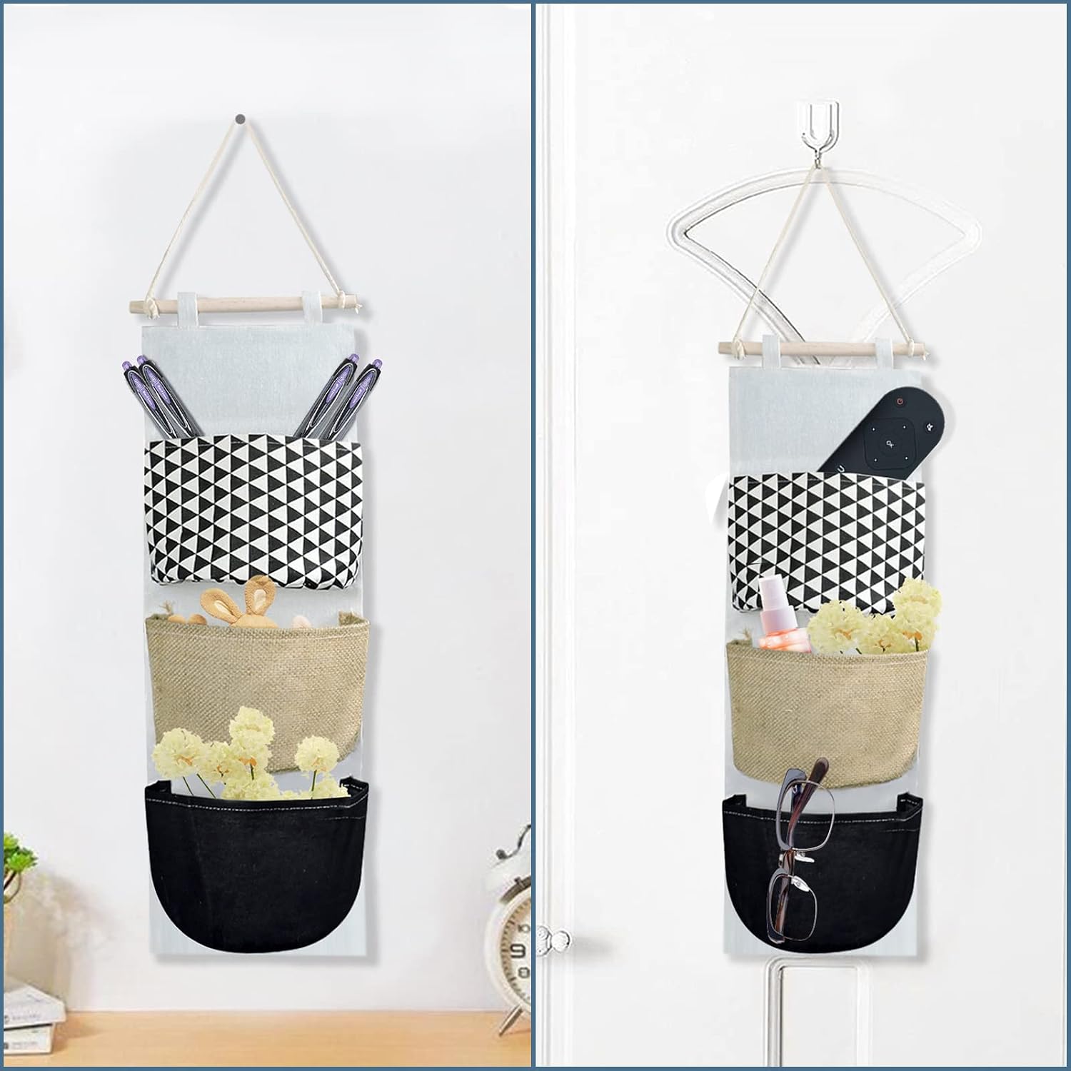 FuninCrea Hanging Storage Bag, 3-Layer Practical Wall Hanging Storage Bag, Cotton Linen Waterproof Fabric Door Hanging Pocket Organizer, Wall Hanging Finishing Bag Sundry Bag for Home (stripe)