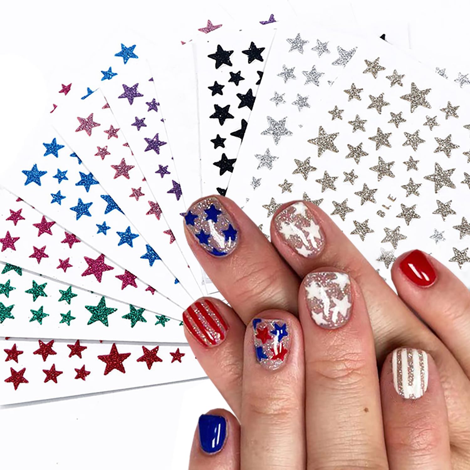 Star Nail Art Stickers 3D Self-Adhesive Star Nail Decals Shiny Glitter Stars Nails Art Design Stickers Supplies 4th of July DIY Manicure Decoration