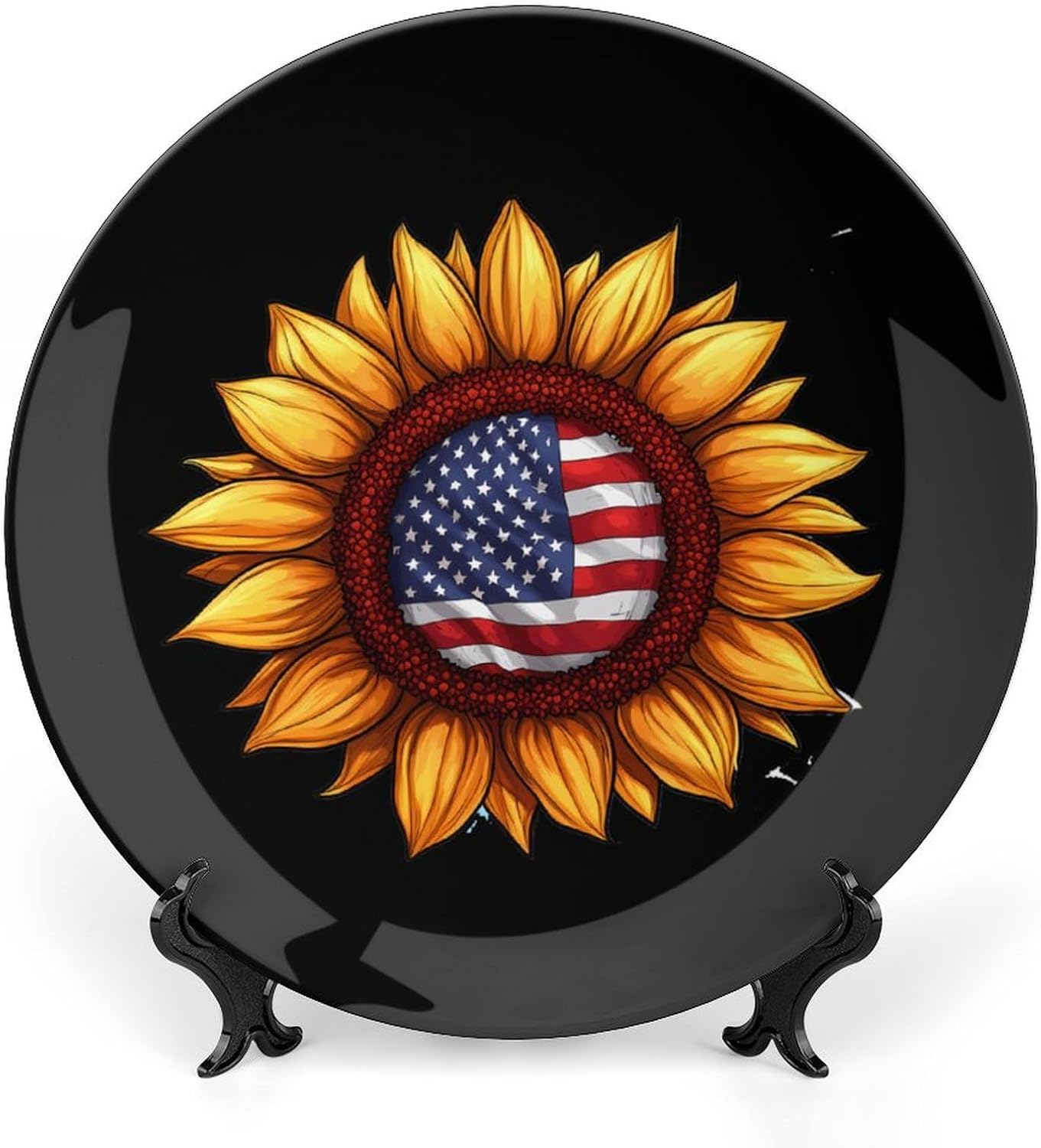 Usa Flag Sunflower Bone China Decorative Plate with Stand Home Dessert Plates Gift for Men Women 6inch