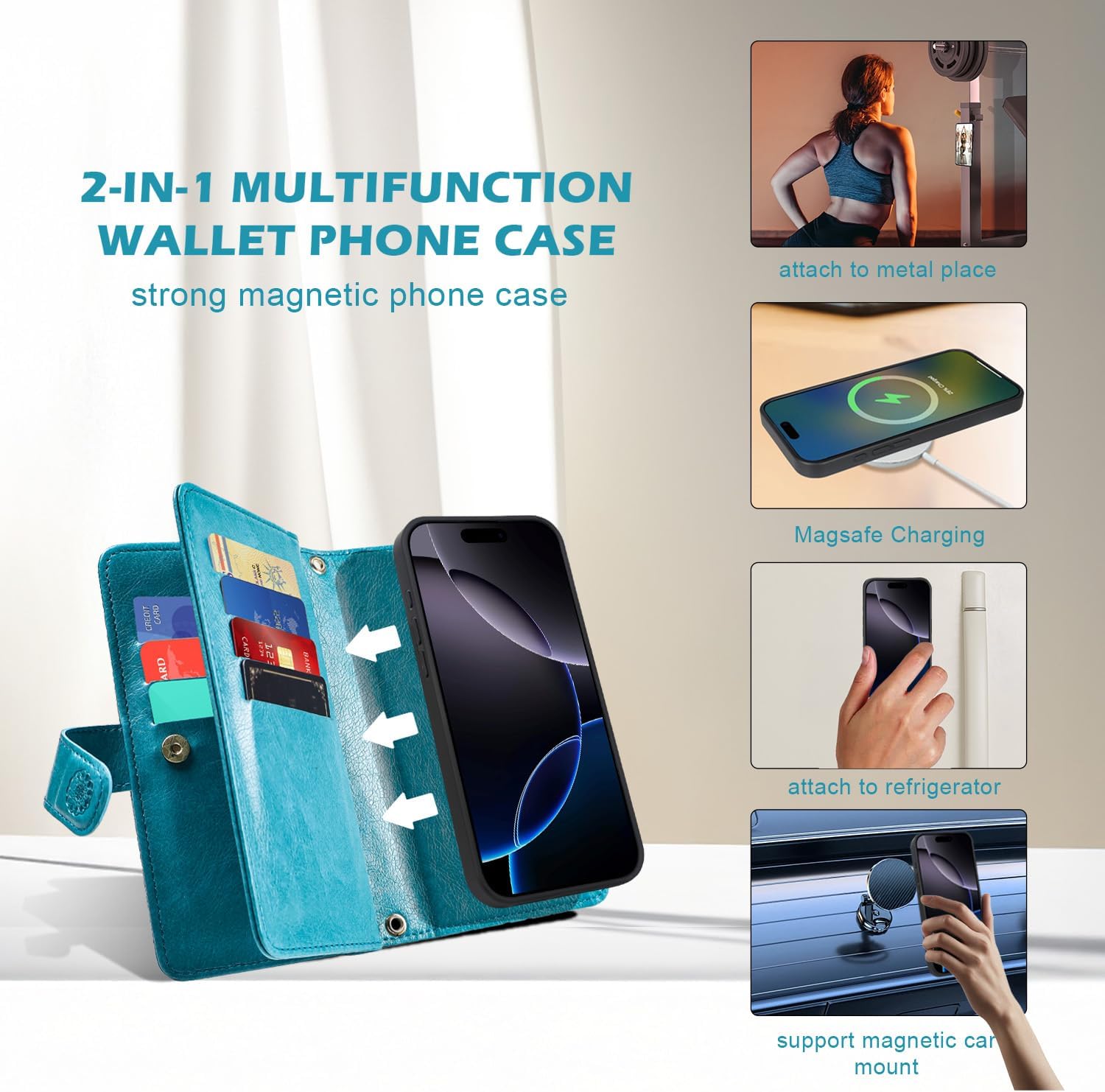 Harryshell for iPhone 16 Pro Max 5G Detachable Magnetic Case Wallet,Compatible with Magsafe Wireless Charging, [ RFID Blocking ] Card Slots, Cash Zipper Pocket Wrist Strap (Floral Blue Green)