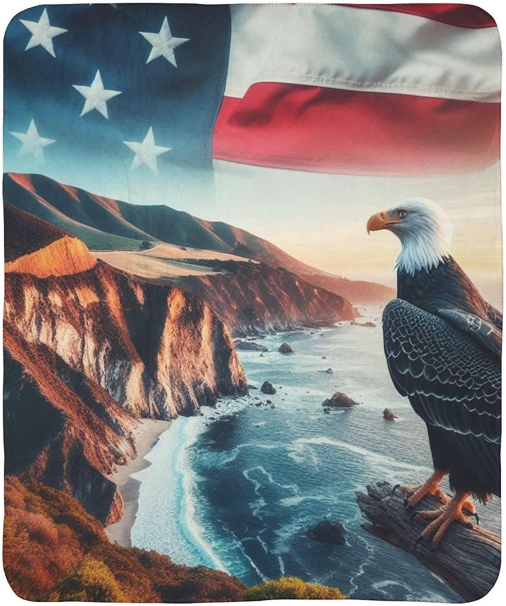 Cozy Fleece Sherpa Blanket - USA Flag with Big Sur Coast, California Condor, Monterey Pine Design