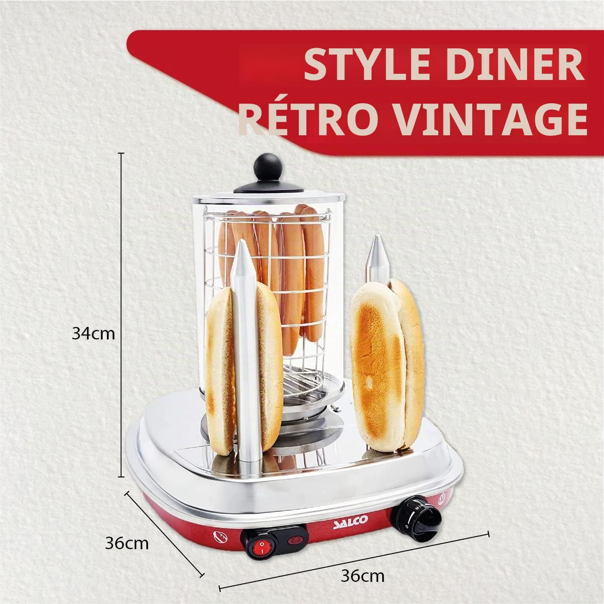 Salco Hot Dog Maker - Cuiseur vapeur de style rétro - 450 W - Avec contrôle thermique - Brochettes chauffantes pour 2 petits pains - Capacité du cylindre pour 8 saucisses - Boîtier en métal, cylindre