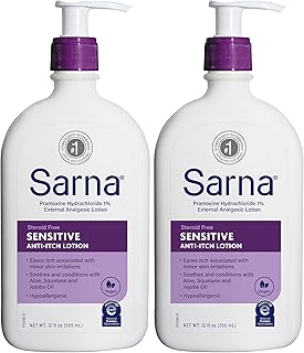 Sarna Sensitive Anti-Itch Lotion, Steroid-Free, Fragrance-Free, Vegan, Hypoallergenic, National Eczema Association Accepted, 1% Pramoxine Hydrochloride, 12 oz (Pack of 2)