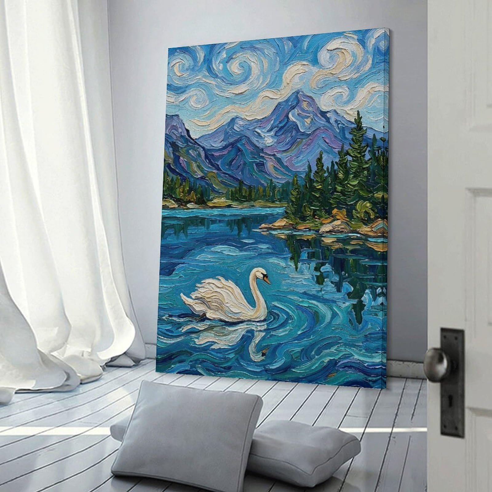 Swan on A Lake with Mountains Wall Decor Canvas Print, 24x36inch(60x90cm), for Home Lounge, Bedroom Or Reading Nook, Decorative Artwork for Empty Walls