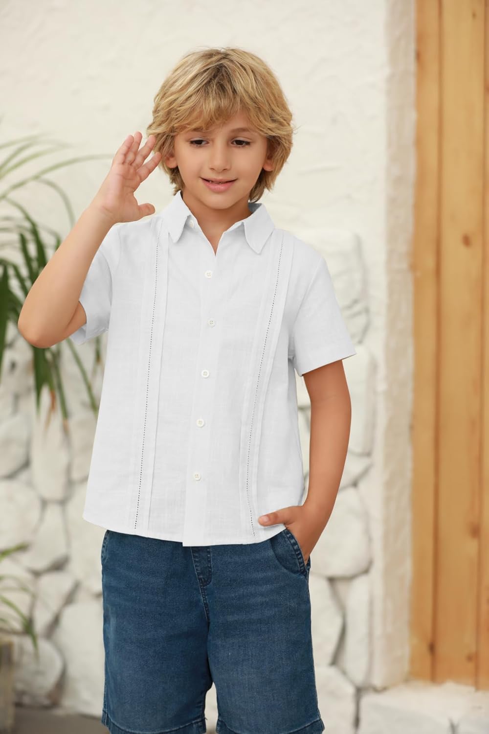 Hestenve Kid Boys Button Down Cotton Linen Shirt Casual Summer Short Sleeve Dress Shirt - Image 2