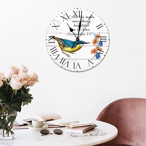 Miniatura 149 de ArogGeld He Made Everything Beautiful - Reloj de pared de PVC con flores rosadas, colibrí, reloj de pared grande con cita y números romanos, reloj