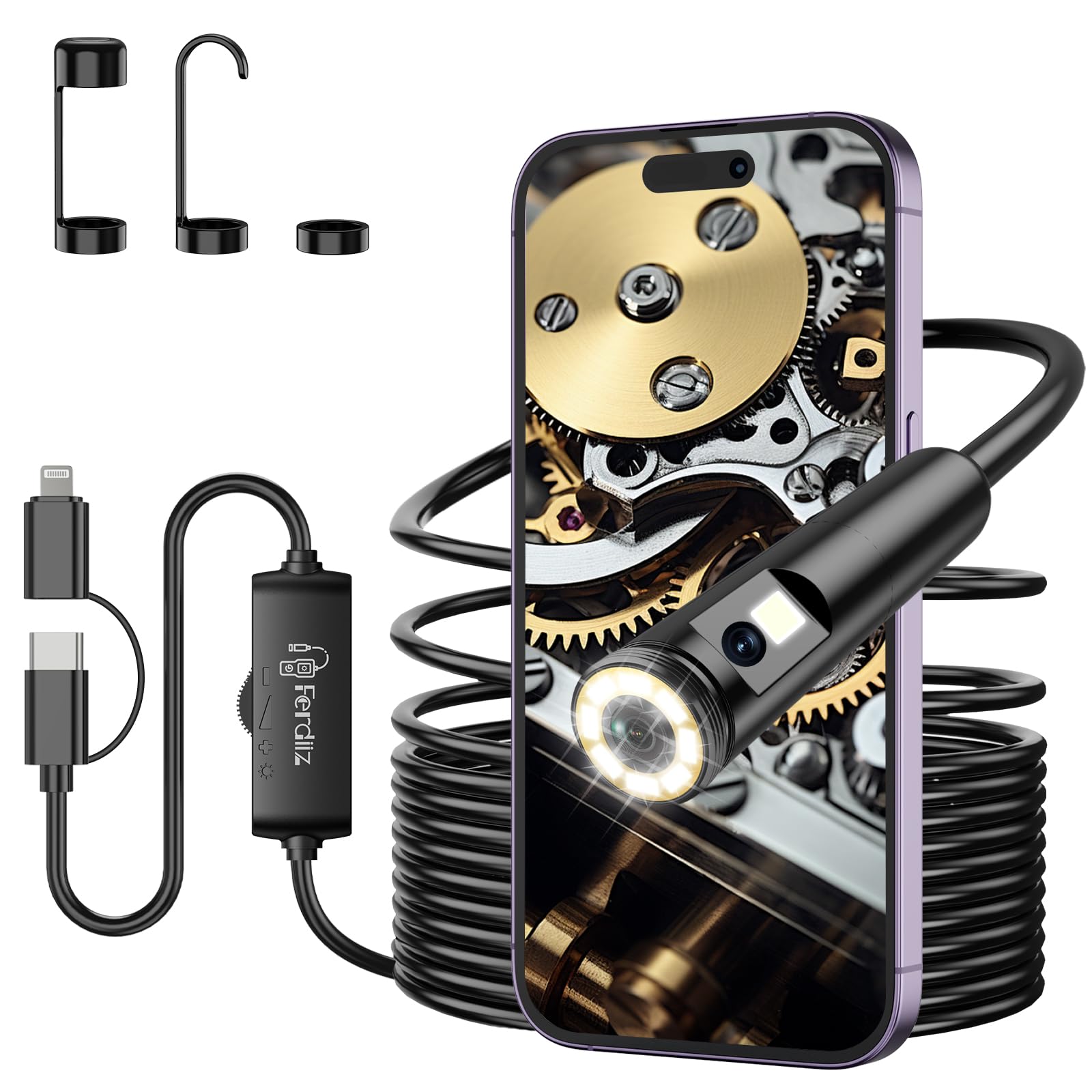 Ferdiiz Endoscoop-inspectiecamera, bidirectionele 720° rotatie-endoscoop met 8 1 verlichting, 1920P HD Dual Lens Snake Borescope, IP68 flexibele inspectiecamera, 4,5 inch IPS-scherm, gadgets voor