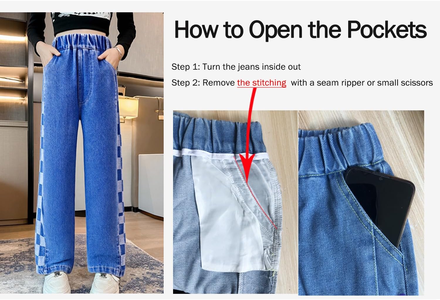 Girls Elastic Waistband Wide Leg Jeans | Cotton Denim Pants with Checkerboard | Comfort Baggy Blue Pants for Girl